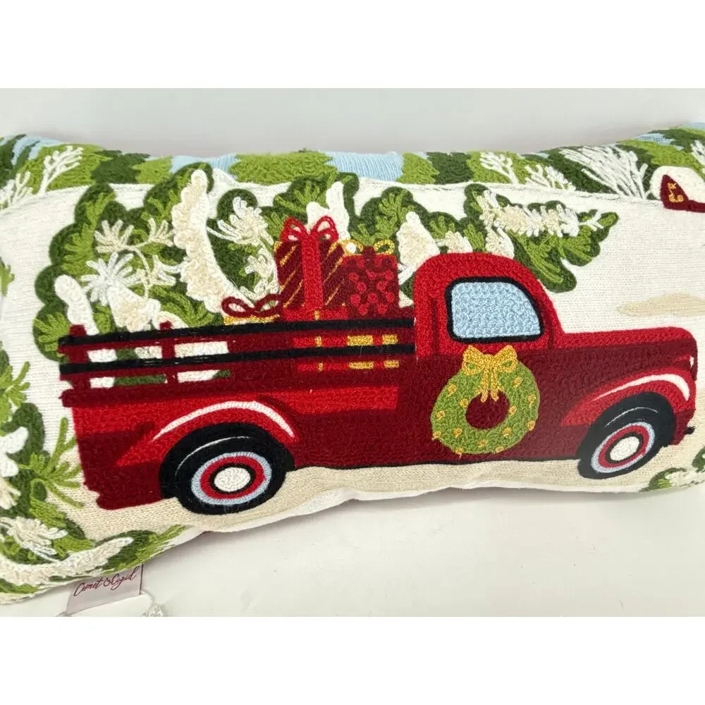 Christmas Red Truck Wreath Gifts Hooked Decorative Pillow 21x14 Comet & Cupid